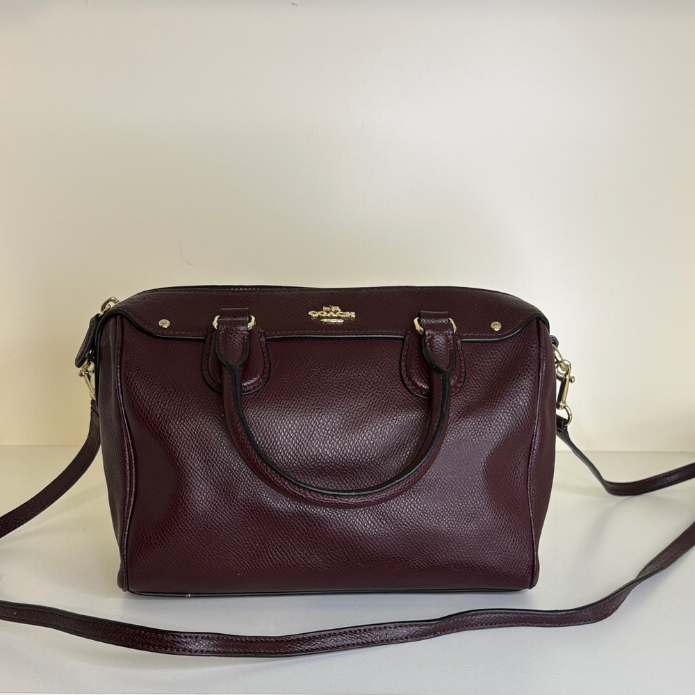 Coach Pebbled Leather Satchel in Deep Burgundy with Gold Hardware